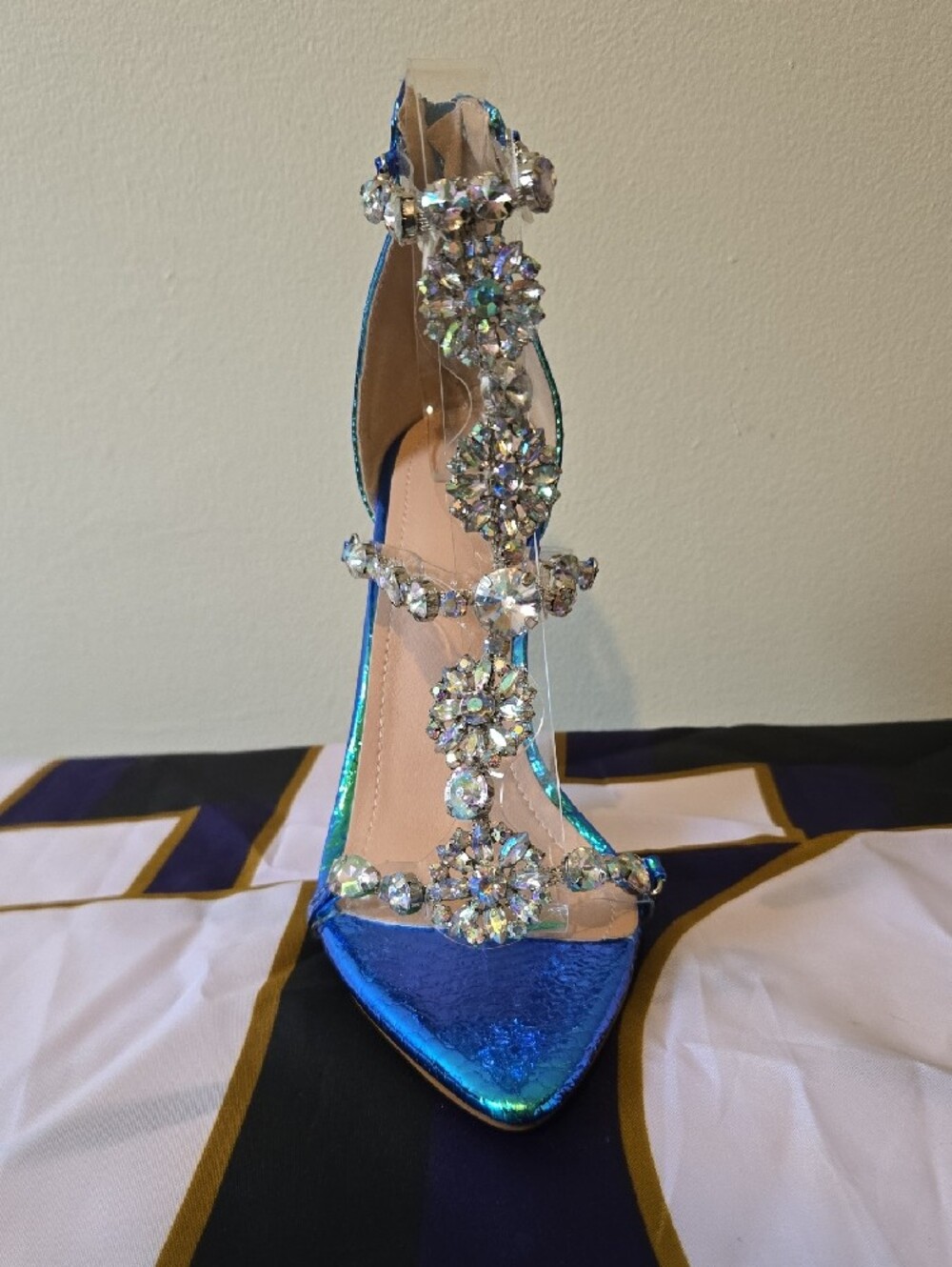 Iridescent Blue Strappy High Heel Sandal with Crystal Accents - Picture 2 of 5